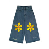 Aidase Summer Daisy Print Denim Shorts Men Aesthetic Y2k Casual Wide Pants Cropped Jeans Low Rise Baggy Jorts Vintage Clothes