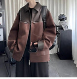 AIDASE  -  Trend Men's Jacket PU Leather Faux Suede Patchwork Design Contrast Color Casual Long Sleeve Lapel Male Coat Tide 21E7100 aidase-shop