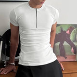 AIDASE  -  Men T Shirt Knitted Solid Color Zipper O-neck Short Sleeve Male Tee Tops Streetwear 2025 Fashion Casual Men Clothing aidase-shop