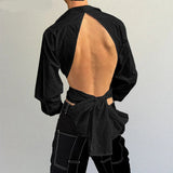 AIDASE  -  Tops American Style Fashion Sexy Men Deconstructive Backless Bow Shirts Casual Male Solid Loose Long Sleeved Blouse aidase-shop