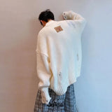 Aidase Mens Autumn Winter Y2k Lazy Style Hollow Ribbed Cardigan Sweater Essential Genderless Trendy Solid Color Zipper Couple Sweater aidase-shop