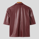 AIDASE  -  Solid Color Men Shirt Faux PU Leather Lapel Short Sleee Men Clothing Zipper Summer Streetwear Fashion Casual Camisa aidase-shop