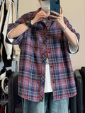 AIDASE  -  Loose Summer irt Retro Plaid Oversize Men Women ort Sve Casual Couple Top Trendy Thin Material Flip Collar Other Scene aidase-shop