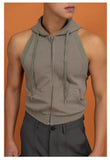 Aidase High Elastic Sport Hooded Vest Men Backless Sleeveless Hoodie Sweatshirt Fashion Casual Zipper Placket Slim Fit Tank Tops