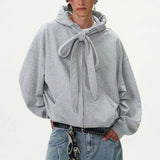 Aidase American Vintage Mens Hoodies Y2K Style Lace-up Design Loose Zipper Cardigan Sweatshirt Streetwear Fashion Couples Hooded Tops