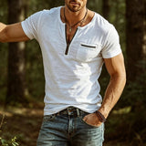 AIDASE  -  Vintage Mens Ribbed T Shirts Summer Fashion Zip-up Crew Neck Short Sleeve Elastic Slim T-shirt Men Outdoor Casual Tee Shirt aidase-shop