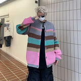 Aidase Striped Cardigan Men Loose Contrast Color Slouchy Handsome High Street American Style Retro Hipster Spring Autumn Minimalist