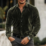 AIDASE  -  Stylish Solid Color Velvet Shirts Mens Long Sleeve Button-up Turn-down Collar Casual Shirt Fall Winter Daily Leisure Men Shirts aidase-shop