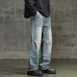 AIDASE  -  American New Fashion Men's Washed Blue Solid Color Casual Trendy Wide Leg Straight Loose Spliced Denim Cargo Trousers Male Pants aidase-shop