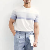 Aidase New Summer Light Mature Wind Ice Silk Round Neck Trend Gradient Contrast Stripes Light Luxury Knit Short Sleeve T-shirt