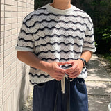 AIDASE  -  Summer Men's Knit Jacquard Short Sleeve T-shirts Striped Hollow Out Casual Tshirts New Y2K Vintage Streetwear Tee Tops aidase-shop