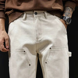 AIDASE  -  White Workwear Thigh Patch Jeans Men's New Woodcutter Rivet Straight Denim Pants Spring Autumn American Retro Cotton Cargo Pants aidase-shop