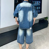 AIDASE  -  Fashion Men's Denim Suit 2025 Summer New Stylish Short Sleeve Lapel Shirt Trend Straight-leg Shorts Loose Men Suit 21E6404 aidase-shop