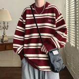 Aidase Trendy Korean Burgundy Striped Sweater for Men in Autumn and Winter High-end Tongxiang Sweater Niche Y2K Design Sweater