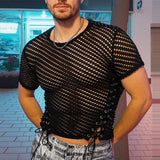 AIDASE  -  Men T Shirt Mesh Transparent O-neck Short Sleeve Lace Up Male Tee Tops Streetwear Summer 2025 Fashion Sexy Men Clothing