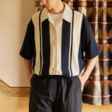 Aidase  Men Trendy Japanese Style Vintage Striped Patchwork Button Down Shirt New Summer Youth Harajuku Y2K Short Sleeve Loose Tops aidase-shop