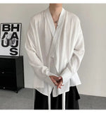 AIDASE  -  Spring New Jacquard Long Sleeved Design Loose Men's Shirt Solid Color V-neck Solid Color Male Tops aidase-shop