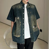 AIDASE  -  Ripped Hole Men's Denim Shirt American Style Summer Handsome Short Sleeved Lapel Single-breasted Casual Men Jacket aidase-shop