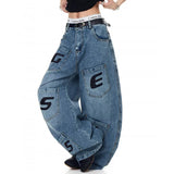 AIDASE  -  American Style Men's Jeans Letter Print Decoration Loose Wide-Leg Floor-Length Denim Pants Multi-pocket Trousers 21E7216 aidase-shop
