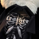AIDASE  -  Punk Kpop Cotton Short-sleeved T-shirt Men Summer New Hong Kong Style Letter Feather Print High-end Trendy Loose Top aidase-shop