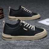 AIDASE  -  Fashion Men's Black Leather Sneakers Retro Lace-Up Thick Sole Comfortable Casual Walking Footwear aidase-shop