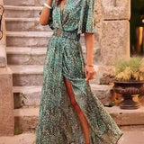 AIDASE  -  Spring Summer Floral Print Slimming Waist Midi Dress Elegance Short Sleeve V-Neck Dress Regular Sleeve Length Ankle-Length aidase-shop