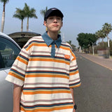 Aidase Japanese Harajuku Style Street Color-blocked Striped Short-sleeved Lapel Shirts Men Women Trendy Hip-hop Loose Casual T-shirts aidase-shop