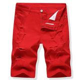 AIDASE  -  Men Summer Denim Shorts Holes Ripped Cotton Jeans Y2K Pure Color Knee Length Slim Straight Stretch Breeches White Red Green aidase-shop