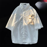 AIDASE  -  Little Bear Decoration Men's Shirt Japanese Solid Color Shorts Sleeve Shirt Summer Loose Casual Male Clothing aidase-shop