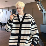 AIDASE  -  Autumn Striped Cardigan Sweater Men Korean Knitted Sweater Pullover Harajuku Hip Hop Streetwear Loose Knitwear Coat Male Clothes aidase-shop