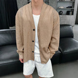 AIDASE  -  Men Shirt Striped V Neck Long Sleeve Button Casual Men Clothing Streetwear Loose Korean Style Tops Fashion Male Shirts
