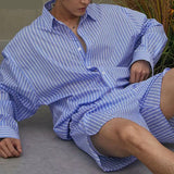 AIDASE  -  Korean Style Fashion Striped Sets Men's Long Sleeved Shirt Shorts Casual Streetwear Male Loose Two-piece Sets S-5XL aidase-shop