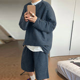 AIDASE  -  Men Striped Sets Vintage Long Sleeve T Shirts & Shorts Two Pieces Sets Streetwear Loose Korean Style Fashion Men Suits aidase-shop