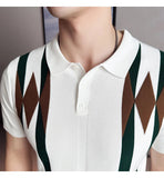 AIDASE  -  Contemporary Men's Polo: White Shirt with Earth-Tone Geometric Lines | Office-to-Outing Versatility M-4XL aidase-shop