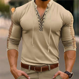 AIDASE  -  Spring Autumn Men T-Shirts Mesh Patchwork Long Sleeve Top Tees Solid Lace Up V-Neck Casual Bottom Blouse Men Tees Tops aidase-shop