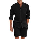 Aidase Daily Casual Breathable Cotton Linen Outfits Mens Vintage Stand Collar Button-up Shirts And Shorts Sets For Men Clothing Summer aidase-shop