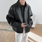 AIDASE  -  Black PU Leather Oversized Coats Collar Zip-Up Men's Jacket Korean Style Faux Leather Casual Bomber Biker Jacket aidase-shop