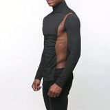 Aidase Mens Sexy Tight-Fitting Sports Fitness Mesh Long-Sleeved Tops Autumn Nightclubs Perspective Stitching Stretch Turtleneck Tops aidase-shop
