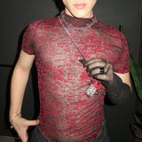 AIDASE  -  Summer New European and American Men's Sexy Perspective High Neck Design Sensual and Fun Short Sleeve T-shirt Top aidase-shop