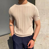Aidase 2024 Summer Men Knit Ice silk T shirts High Quality Solid Color Stripe Short sleeve O-neck Tee Tops Mens Thin Slim Fit T-Shirts aidase-shop