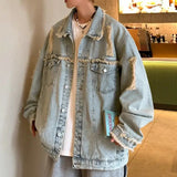 AIDASE  -  Men's Ripped Denim Jacket Autumn American Retro Washed Hip Hop Streetwear Cool Trendy Loose Casual Jacket Button Up Jeans Coat aidase-shop