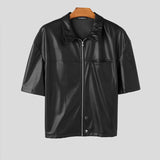 AIDASE  -  Solid Color Men Shirt Faux PU Leather Lapel Short Sleee Men Clothing Zipper Summer Streetwear Fashion Casual Camisa aidase-shop