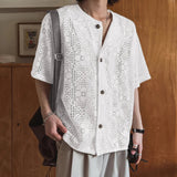 AIDASE  -  2025 Men Shirt Lace See Through Sexy O-neck Short Sleeve Button Male Tops Shirts Streetwear Sexy Men Clothing Summer aidase-shop