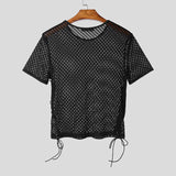 AIDASE  -  Men T Shirt Mesh Transparent O-neck Short Sleeve Lace Up Male Tee Tops Streetwear Summer 2025 Fashion Sexy Men Clothing aidase-shop