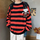 AIDASE  -  Classic Vintage Striped Sweater Men's Casual Japanese Trendy Red White Pullover Loose Round Neck Couple's Jumper Street Kintwear aidase-shop