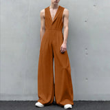 AIDASE  -  Men Jumpsuits Solid Color Lapel Sleeveless Button Male Rompers Streetwear Loose Fashion Casual Overalls Men S-5XL aidase-shop