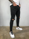 Men Jeans Black Blue Cool Skinny Knee Hole Ripped Stretch Slim Elastic Denim Pants Solid Color High Street Style Trousers Man aidase-shop