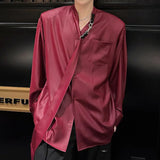 AIDASE  -  Summer Men's Shirt Korean Style Ribbon Bright Silk Smooth Solid Color Long Sleeve Men Shirts Fashion New Top Red 9W2765 aidase-shop