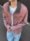 AIDASE  -  Casual Long Sleeve Leather Collar Outerwear Men Vintage Patchwork Buttoned Lapel Denim Coats Mens Spring Fall Fashion Outerwear aidase-shop