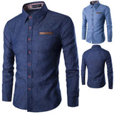 AIDASE  -  Spring and Autumn Men's Casual Shirt Pocket Leather Slim-fit Long Sleeve Denim Shirt aidase-shop